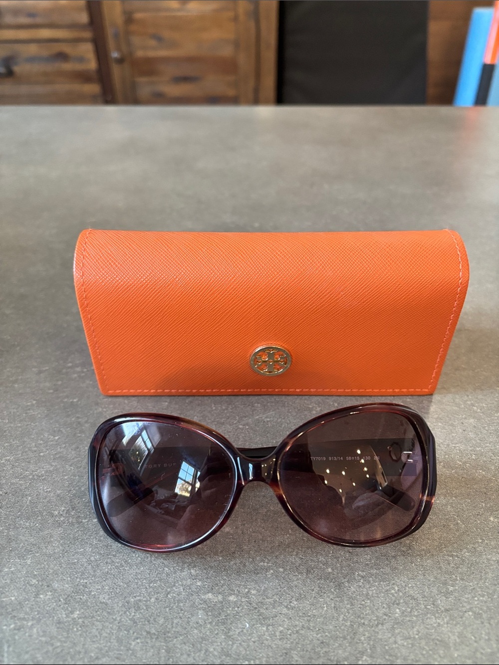 Tory Burch Orange Case with Burgundy Oversized Sunglasses